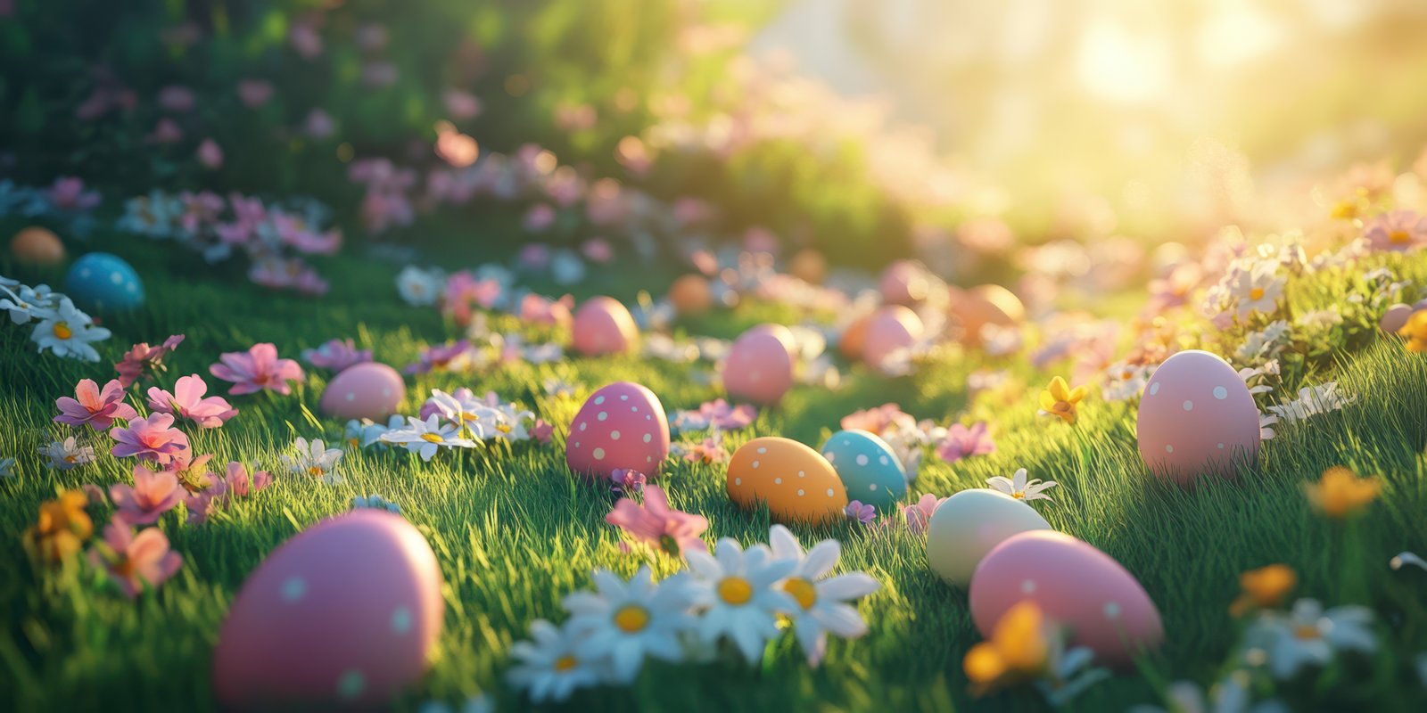 Colorful Easter eggs scattered among flowers in a sunlit garden during springtime
